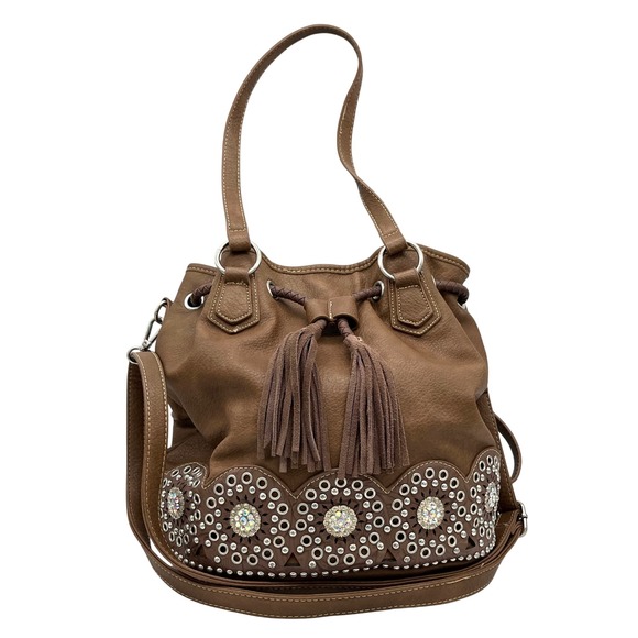 Blazin Roxx Brown Faux Leather Rhinestone‎ Studded Concealed Bucket Bag Purse - Picture 1 of 13